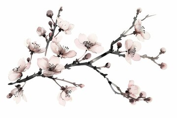 black twig with delicate flowers isolated on white background floral design element digital painting