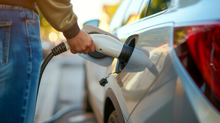 A person in casual jeans and a jacket is plugging in an electric car charger, with the car's reflective surface capturing the surroundings.