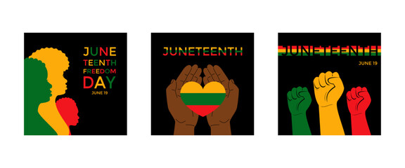 Juneteenth holiday is freedom day, liberation from slavery June 19. Set of square banner for social networks. Vector stock illustration.