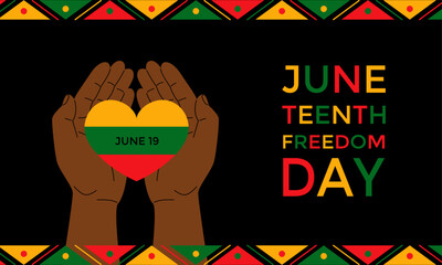 Freedom day Juneteenth of june 19.Freedom from slavery day.African american man's hands holding a heart.Horizontal banner with text.Vector stock illustration.