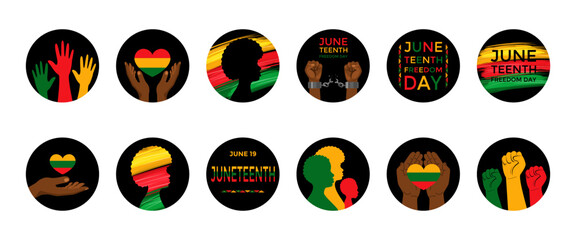 Juneteenth holiday is freedom day, liberation from slavery June 19. Set of round badge, sticker. Vector stock illustration.