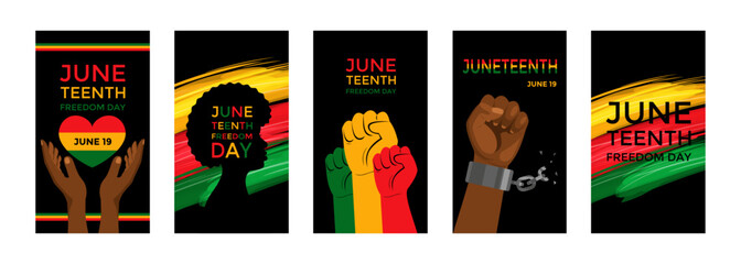 Juneteenth holiday is freedom day, liberation from slavery June 19. Set of vertical banner for social media network, stories. Vector stock illustration.