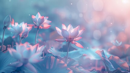 Fototapeta na wymiar lotus flowers in nature, delicate pastel morning background pink and blue shades of tenderness and beauty of nature. fictional graphics.