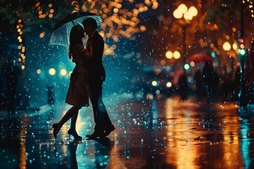 A couple dancing in the rain together, with umbrellas forgotten and laughter echoing in the empty streets, embracing spontaneity and finding joy in unexpected moments. Two people kissing in the night © ivlianna