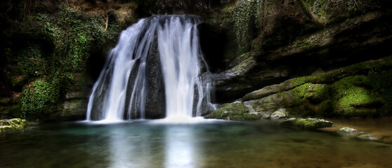 Janet's Foss, waterfall on Gordale Beck, Yorkshire Dales, UK, waterfall in malhamdale. Beautiful panoramic view