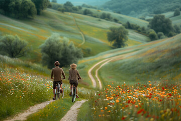 A couple enjoying a leisurely bike ride through a picturesque countryside, with fields of flowers and winding paths, savoring the freedom of the open road and the beauty of nature.