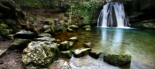 Janet's Foss, waterfall on Gordale Beck, Yorkshire Dales, UK, waterfall in malhamdale. Beautiful panoramic view