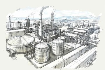 chemical plant sketch polymer production process handdrawn industrial illustration - obrazy, fototapety, plakaty