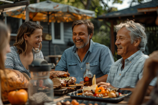 A multi-generational family gathering for a backyard barbecue, featuring grandparents, parents, and children, embodying the richness of family connections. Group smiling around table, sharing food - Powered by Adobe