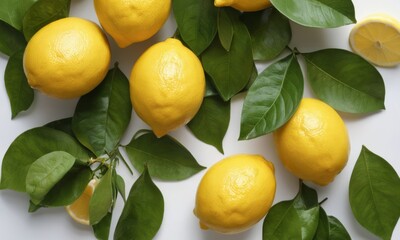 Yellow ripe lemons with green leaves on light background, vitamin fruits for healthy nutrition and diet