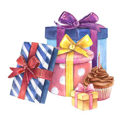 Present boxes watercolor drawing gift birthday. Muffin cupcake anniversary surprise holiday prize. Chocolate cream candle bow. Decoration ribbon isolated white background