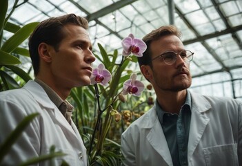 A man is focused on examining plants in a greenhouse. The setting is lush and verdant.