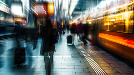 Realised commuters blurred, no faces, train lines silhouettes going to work. Transport work, life balance, corperate