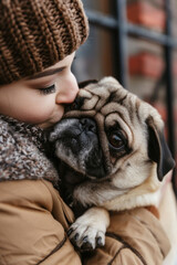 A young boy gently holds a small pug dog in his arms, both looking content and relaxed