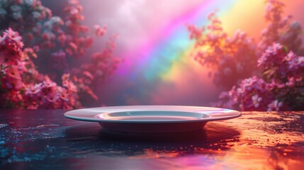 An empty plate podium with a cherry blossom and rainbow in the background. 3d rendering
