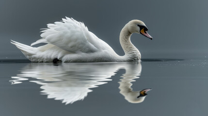   A white swan glides atop the lake, its image mirrored beneath Nearby, a bird spreads its wings, their expansive forms contrasting against the tranquil