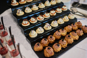 light snacks for the holiday, catering. Various light snacks. Catering plate. Assortment of sandwiches on the buffet table. meat, fish, vegetable canapes.