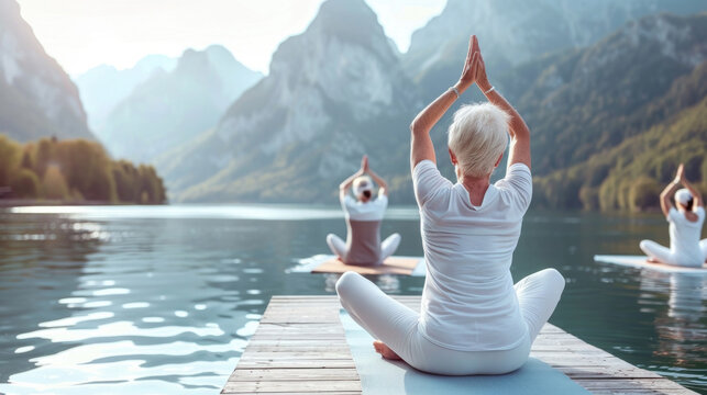 A group of individuals practicing yoga poses on a wooden dock next to the water under a clear blue sky