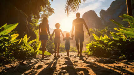 A family consisting of parents and two children are seen walking down a dirt road with the sun setting behind them - Powered by Adobe