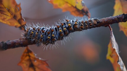Detailed shot of a caterpillar on a branch, focusing on its segments and hairs, with a muted background of autumn leaves. - obrazy, fototapety, plakaty