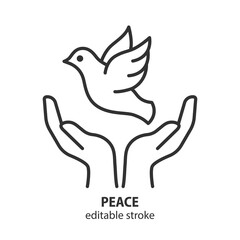 Dove of peace line icon. Pigeon in hands vector sign. No war outline symbol. Editable stroke.