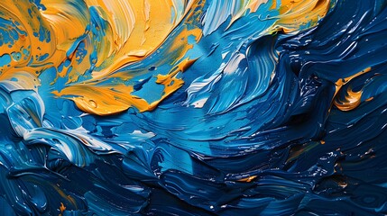 High-definition close-up of a vibrant oil paint swirl with deep blues and bright yellows, creating an abstract texture.