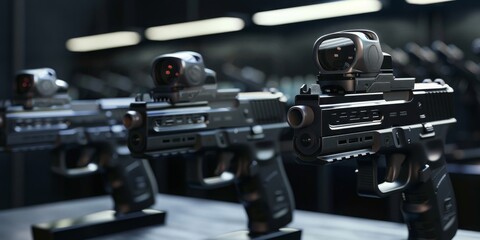Fototapeta premium A Selection of Tactical Weapons with Advanced Optics and Targeting Scopes Showcased in a Modern Armory, Generative AI