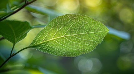   A tight shot of a green leaf on a branch against a softly blurred backdrop of foliage