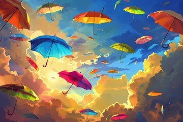 Fototapeta na wymiar colorful umbrellas flying in the sky freedom and joy concept digital painting