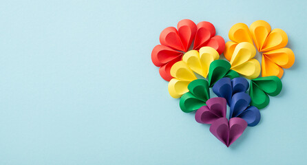 Celebrating differences theme. Top view of a heart made of small hearts in various colors,...