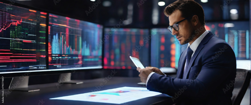 Poster a businessman using a tablet to analyze complex data sets in real-time, with a digital interface ove