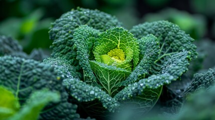   Close-up of a green leafy plant with water droplets and a distinct green spot in the leaf's center