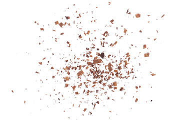 Pile chopped, milled dark chocolate isolated on white, top view	