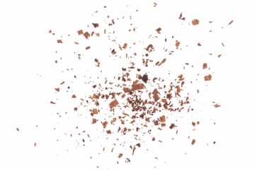 Pile chopped, milled dark chocolate isolated on white, top view	