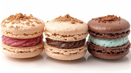   Three macaroons aligned on a white table