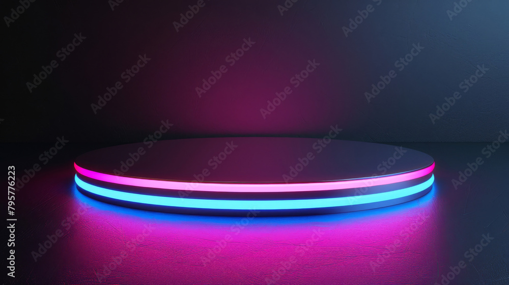 Poster Illuminated empty round pedestal for product display against a dark background