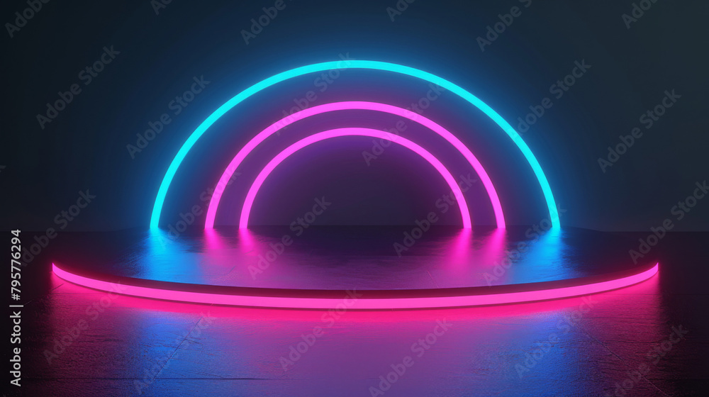 Poster vibrant neon light arch creating a stage for product presentation on a dark background