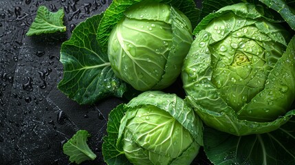   A table holds a collection of green cabbages, positioned above, while raindrops cover its black surface