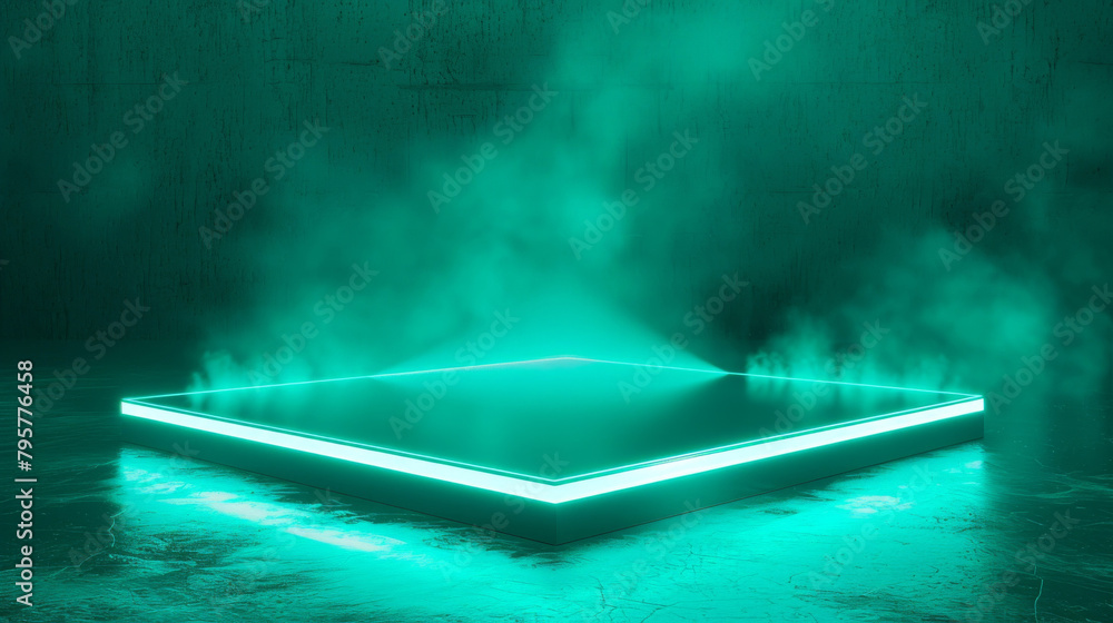 Poster Neon-lit platform in a dim, hazy space providing a perfect setting for product presentation