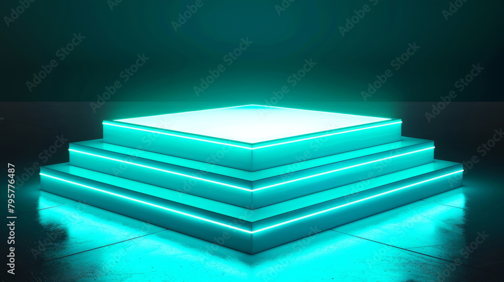 Poster glowing neon stage with reflective floor and dark backdrop for presenting products