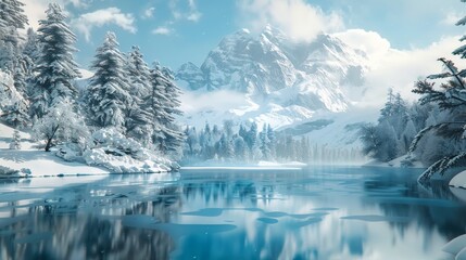 Snowy mountain landscape with lake and trees