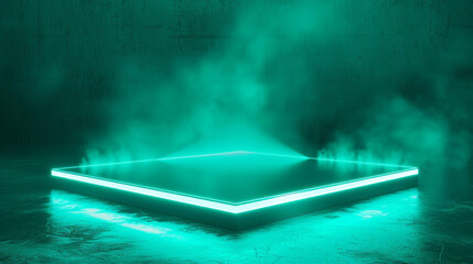 Neon-lit platform in a dim, hazy space providing a perfect setting for product presentation
