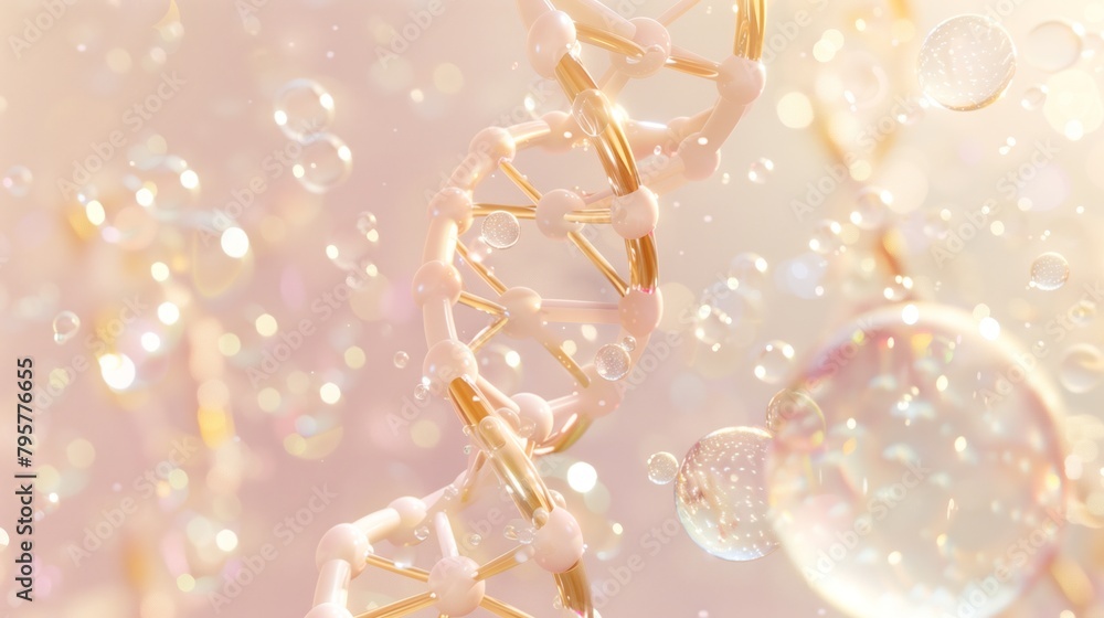 Poster a transparent dna model with a helix and small bubbles floating in a light pink background.