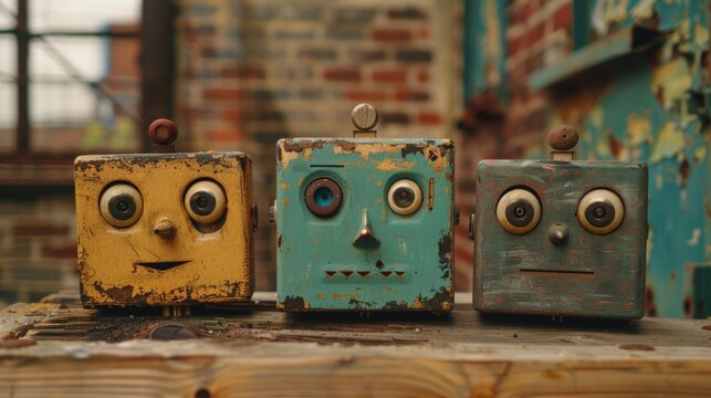 Three old boxes with faces painted on them sitting next to each other, AI