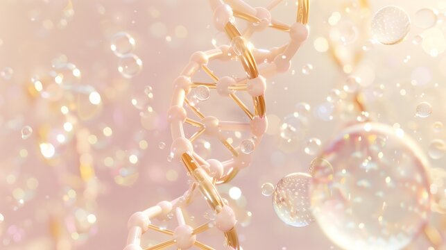 A transparent DNA model with a helix and small bubbles floating in a light pink background. - Powered by Adobe