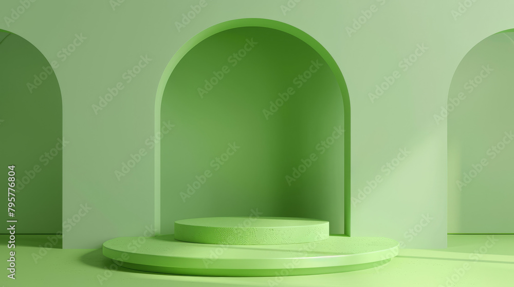 Poster simple green podium in a room with curved alcoves for displaying products