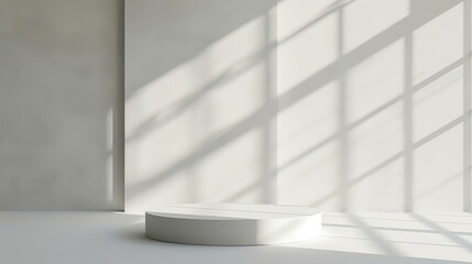 Clean design product podium with natural light casting geometric shadows