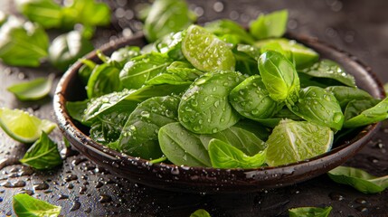   A bowl brimming with verdant green vegetables rests atop a damp surface, speckled with watery droplets