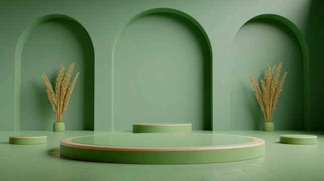 Elegant green product presentation setup with arches and wheat grass accents