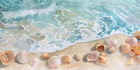 Watercolor Illustration of Sea Shells Scattered on a Sandy Beach